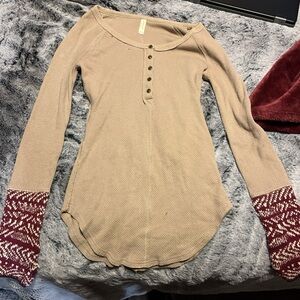 Free People Tan Long Sleeve with maroon and white design